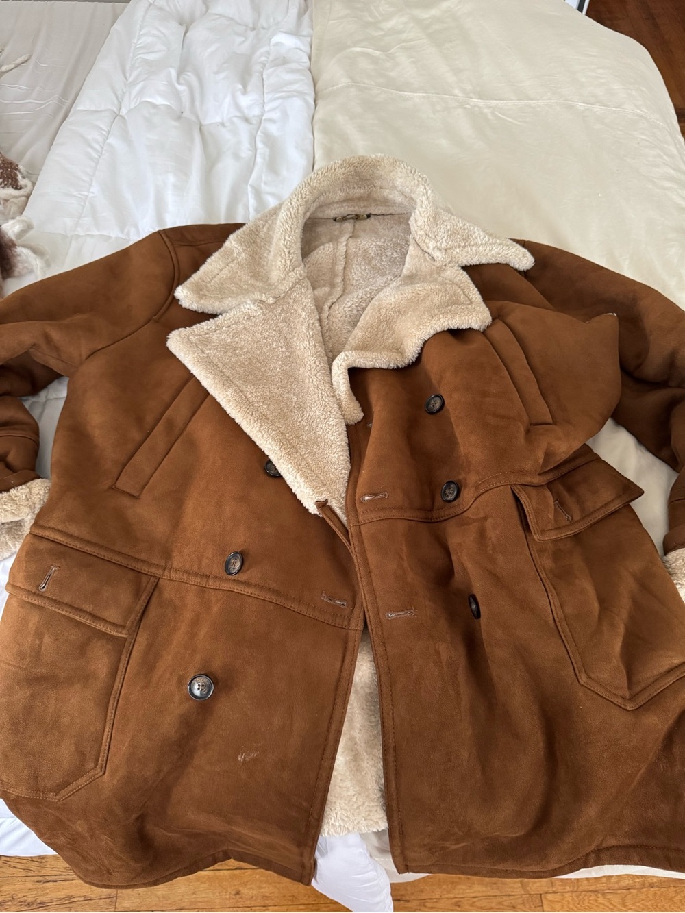 Men's Brown Shearling-Lined Coat - Classic Winter Jacket - has a hole in arm pit